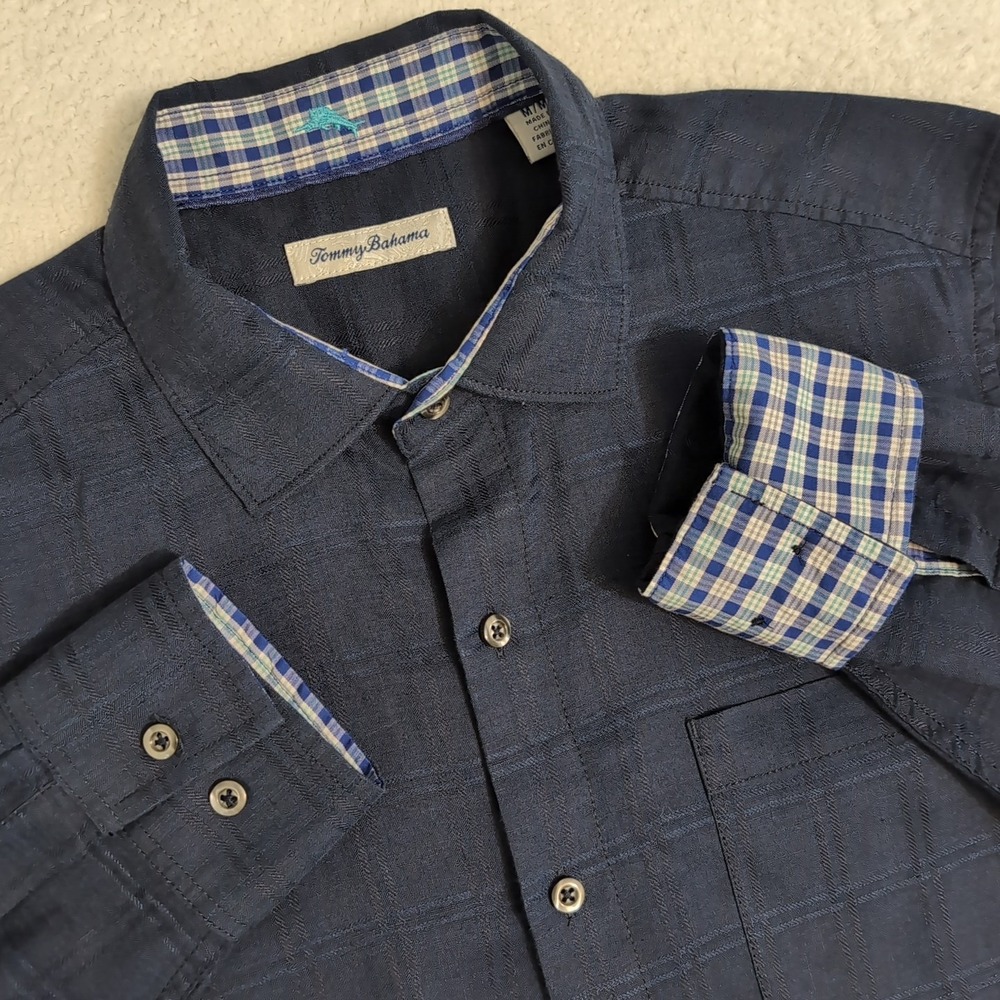 Tommy Bahama Button Up Shirt Men's Med Plaid Linen Performance Blend Navy Blue
